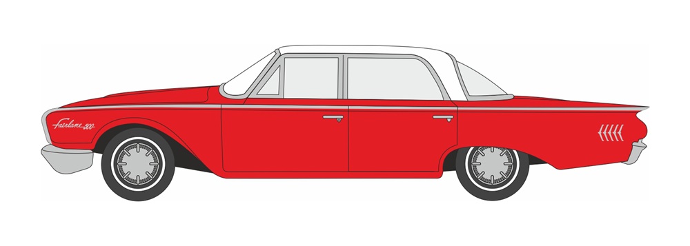 Pre-Order Oxford 87FF60001 1960 Ford Fairlane Sedan 500 Town Monte Carlo Red/Corinthian White 1:87 (Estimated Release: Quarter 1/2024)